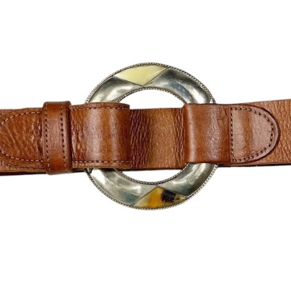 Chico's Genuine Leather Belt Size Medium Tan Statement Buckle Boho Cowgirl